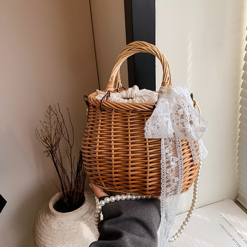Hand-woven Rattan Weave Portable Vegetable Basket Vacation Beach Women's Shoulder Bag