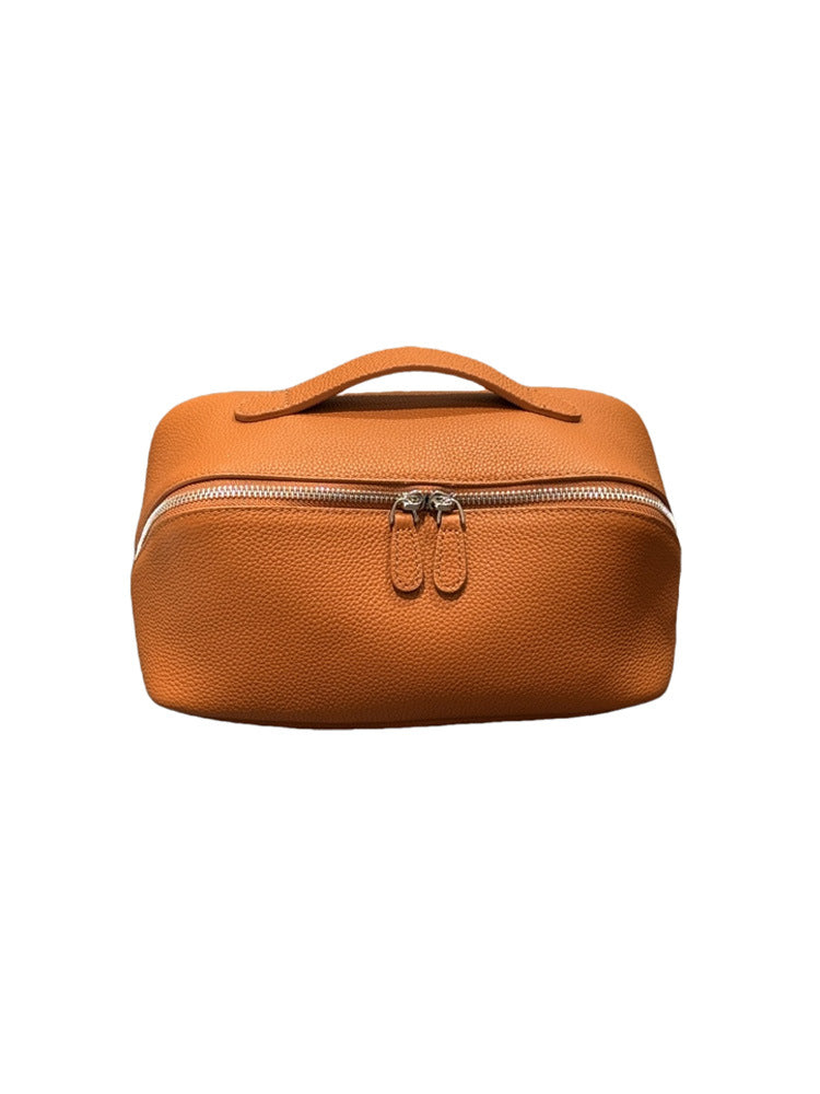 Simple High-grade First Layer Cowhide Texture Leather Portable Toiletry Large Cosmetic Bags