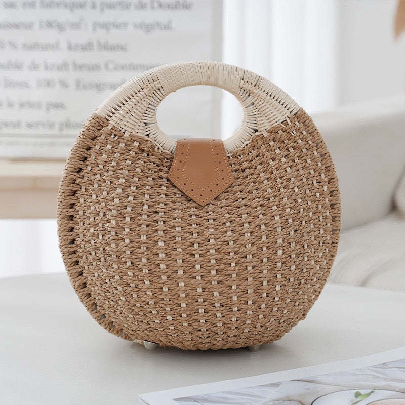 Simple Straw Style Woven Semicircle Beach Portable Round Women's Handbag