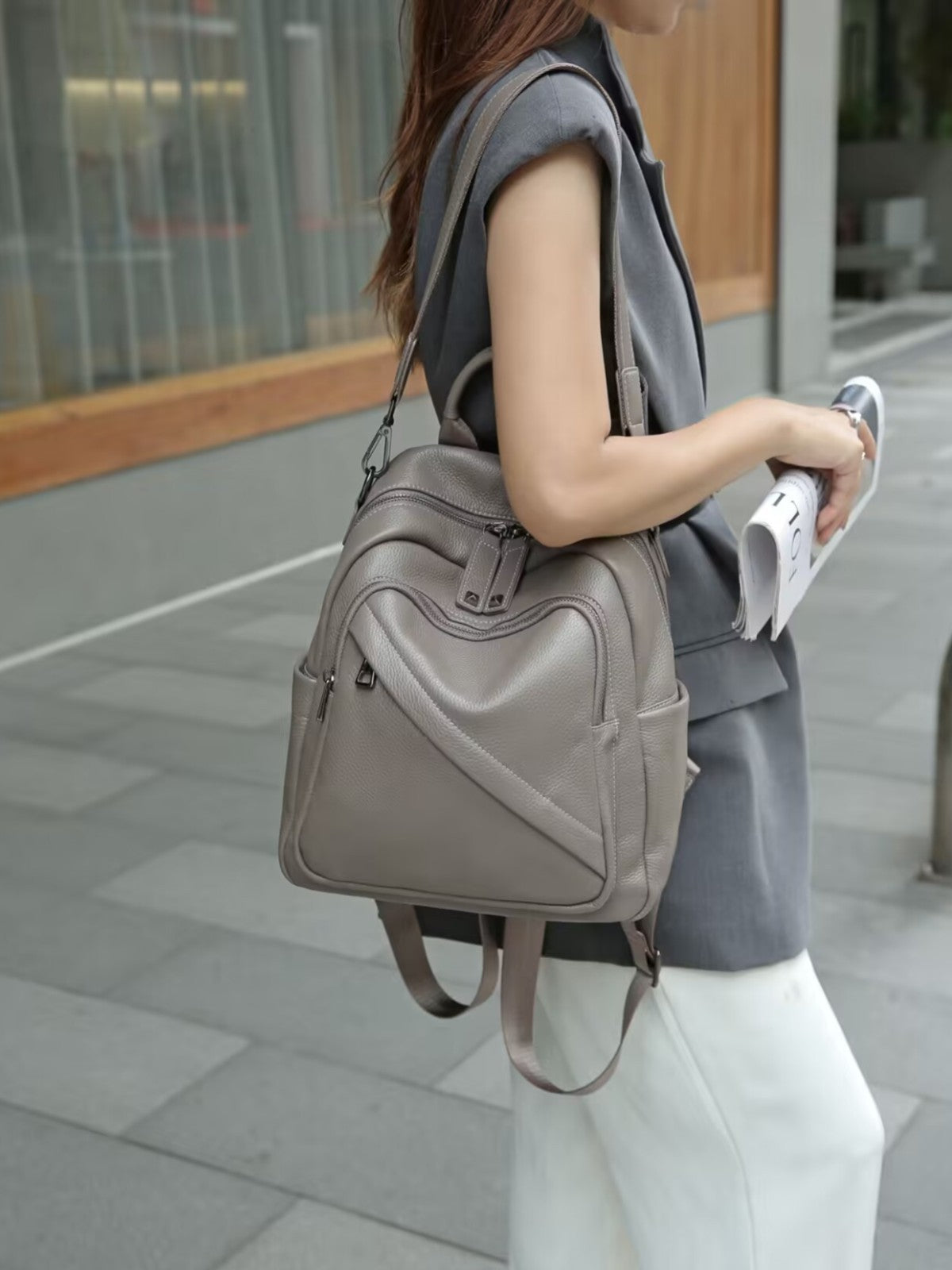 Women's Layer Leather Lychee Pattern Soft Love Embossed Design Large Women's Backpack