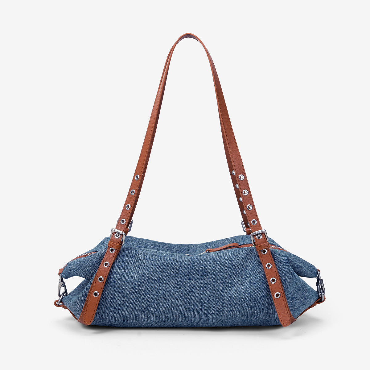 Women's Denim Stitching Leather Rivets Pillow Motorcycle Style Lazy Handbags