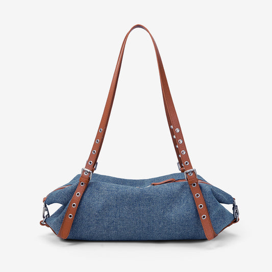 Women's Denim Stitching Leather Rivets Pillow Motorcycle Style Lazy Handbags