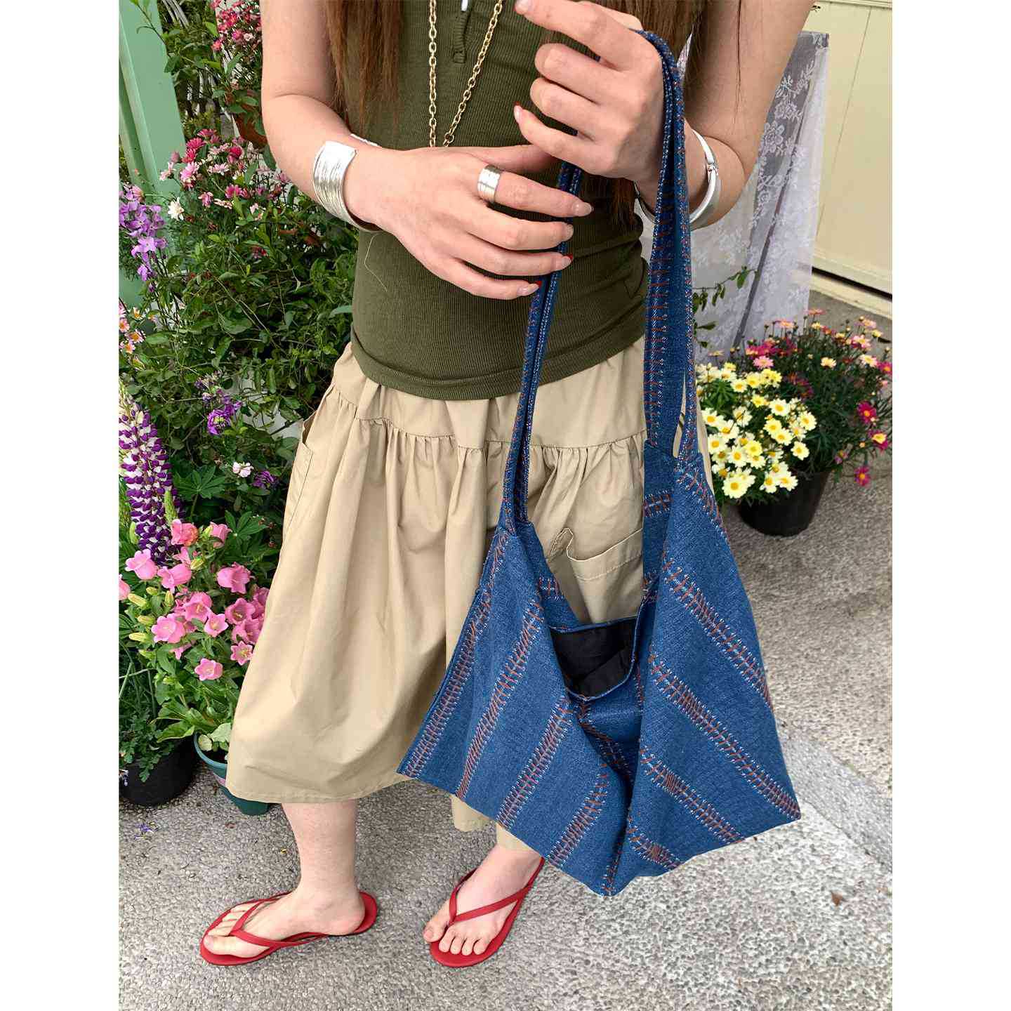Women's Retro Lazy Style Large Capacity Denim Canvas Korean Striped Commute Shoulder Bags