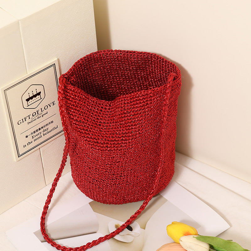 Korean Style Fashion Bright Line Straw Pure Color Woven Bucket Bags
