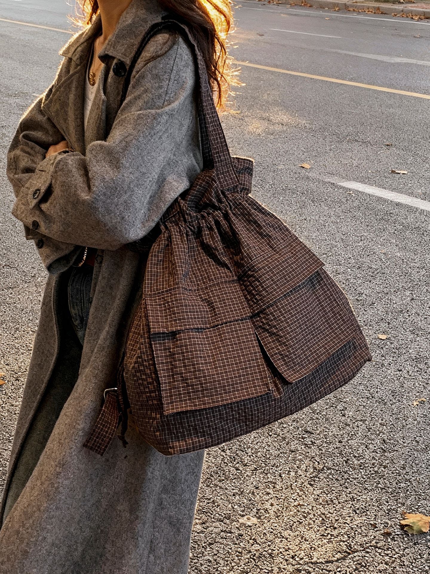 Women's Large Capacity Lightweight Plaid Drawstring Fashion Handbags