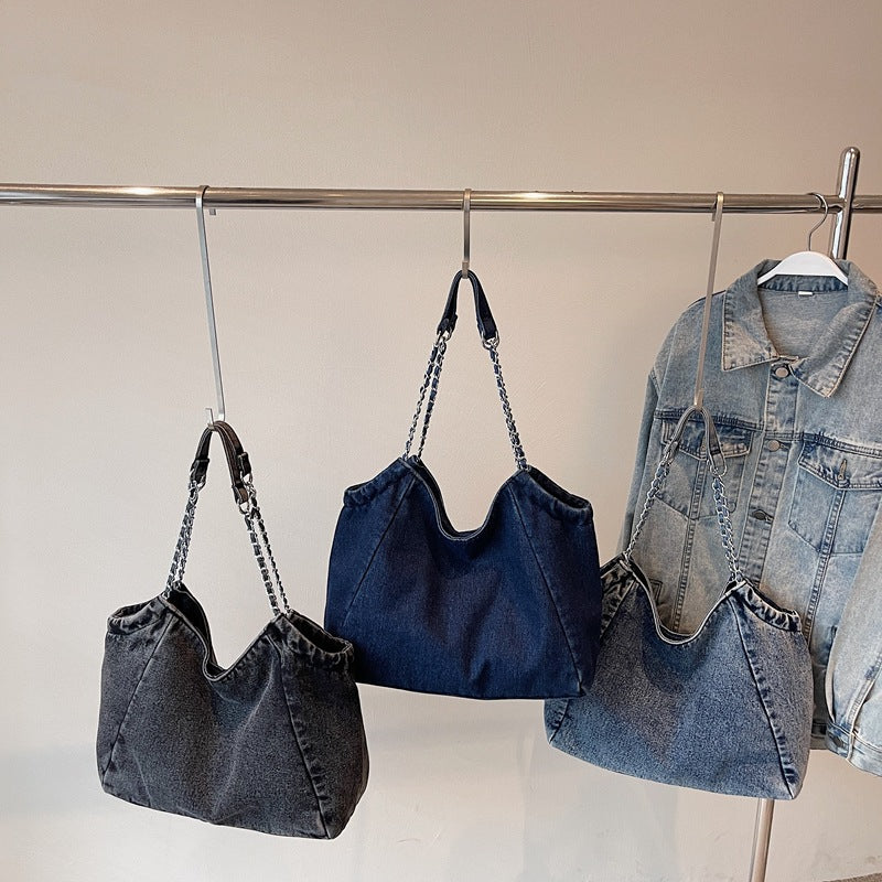 Women's Denim Fashion Chain Large Capacity Commuter Bags