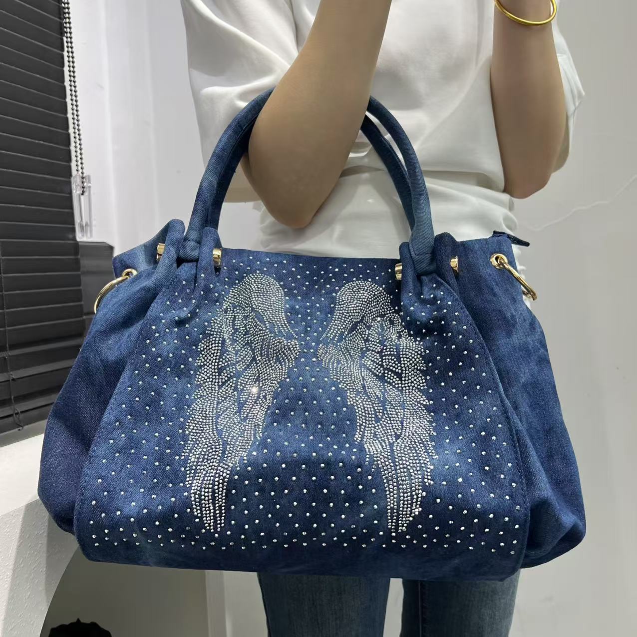 Women's Diamond Decorations Washed Denim Large Capacity Tote Bag