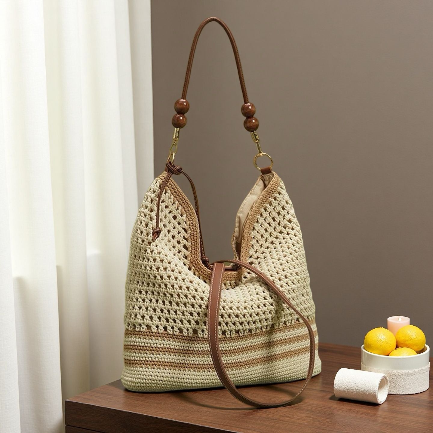 Style Cotton Thread Weaving Hollow Trendy Korean Beaded Straw Woven Women's Shoulder Bag