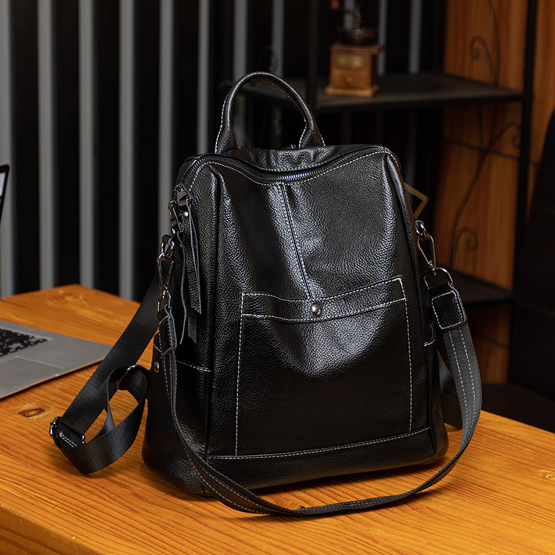 Women's Black Soft Leather Spring Versatile Large Capacity Bags