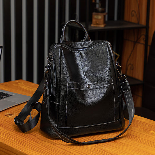 Women's Black Soft Leather Spring Versatile Large Capacity Bags