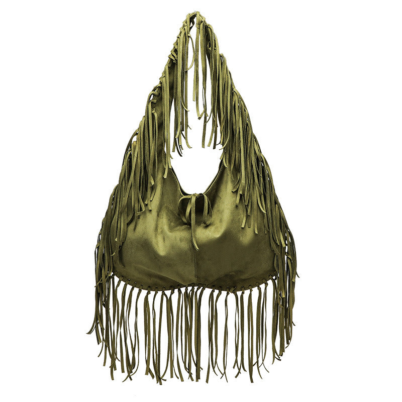 Women's Tassel Large Capacity Crescent Trendy Simple Deerskin Veet Retro Women's Shoulder Bag