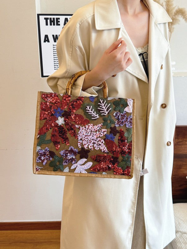 Women's Fashionable Sequins Horizontal Large Linen Capacity Bags