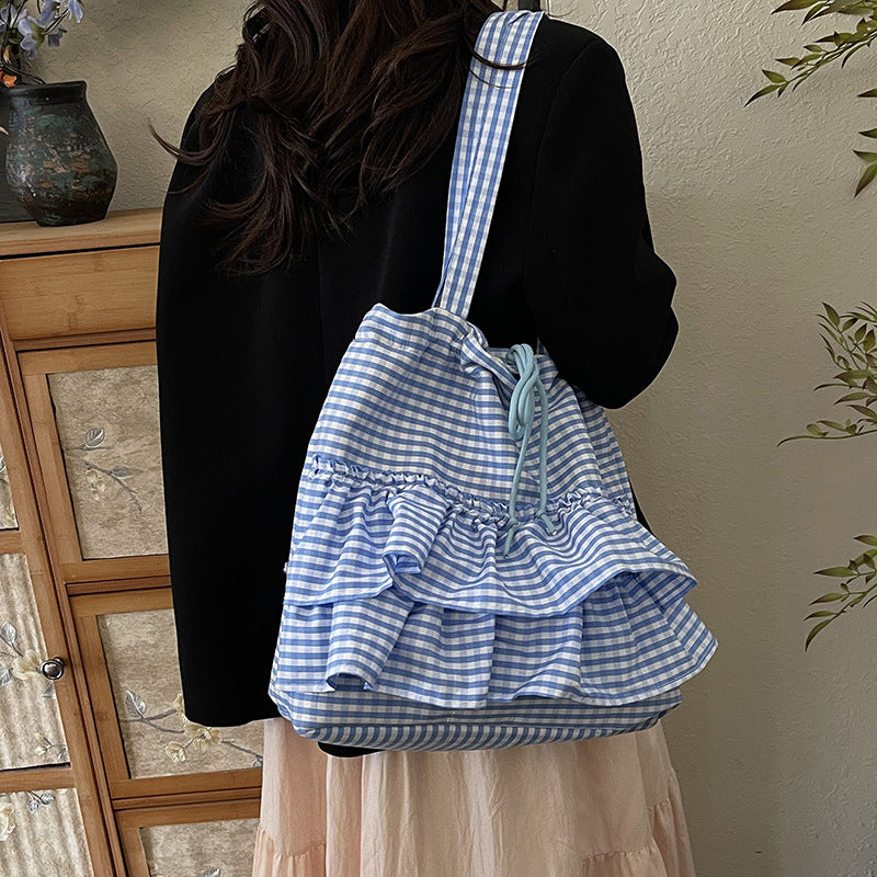 Women's Trendy Plaid Korean Style Fashion Large Capacity Canvas Tote Bags