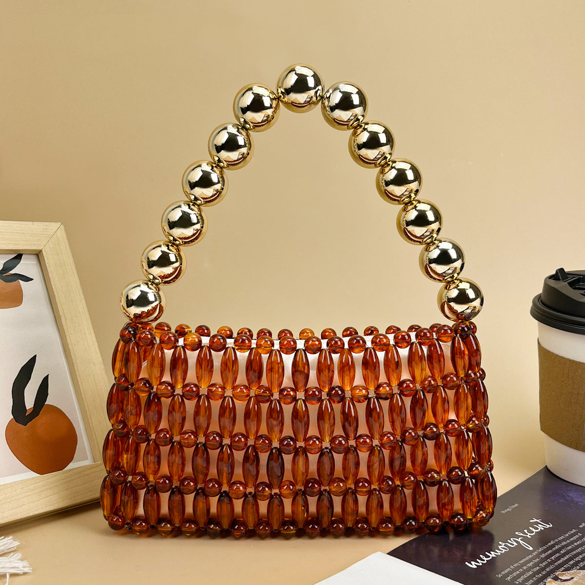Amber Brown Special Interest Light Luxury Handmade Beaded Hollow Retro Women's Handbag