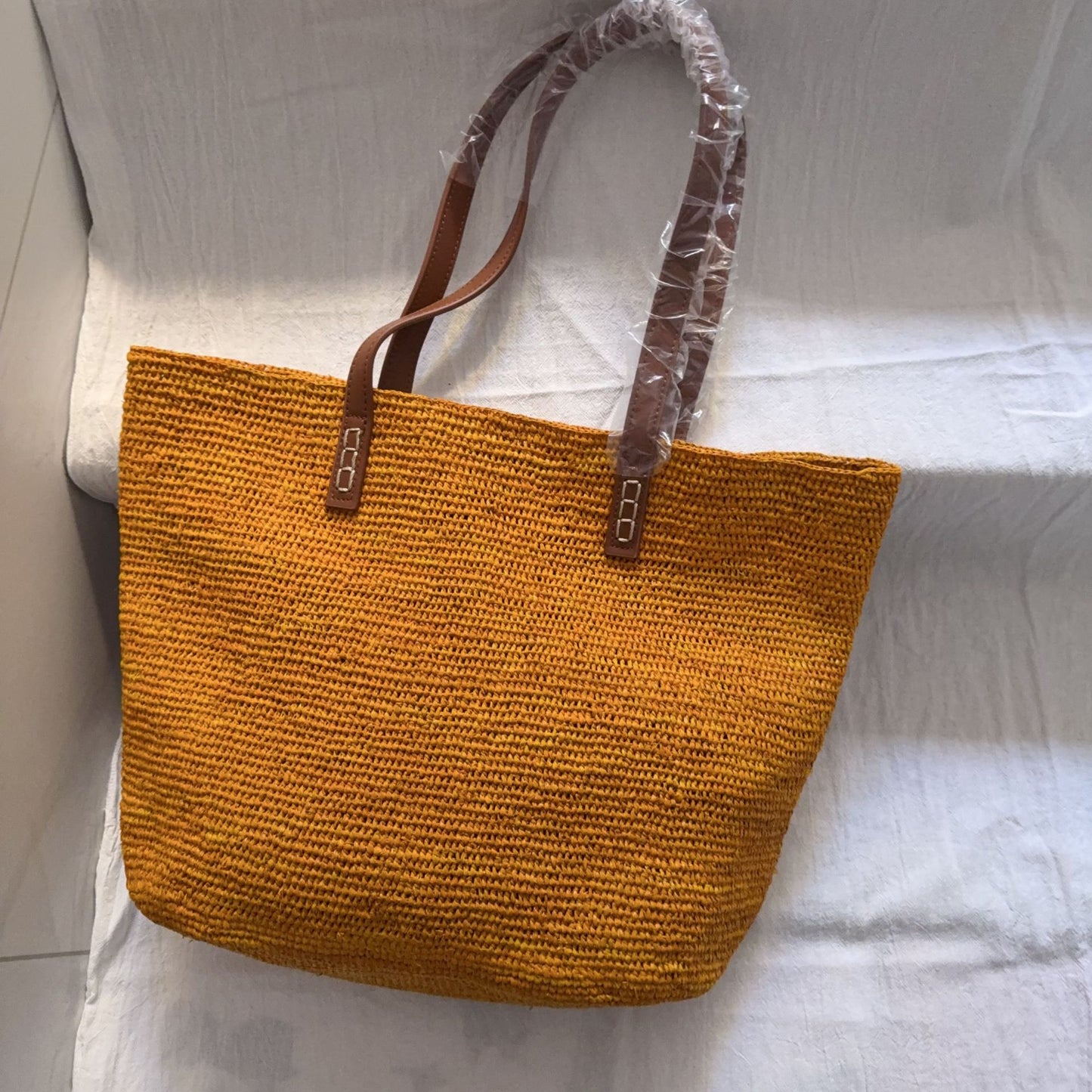 Raffia Joint Leather Strap Handmade Needle Hook Women's Shoulder Bag