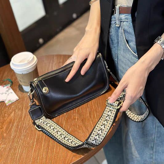 Women's Black French Tree Cream Genuine Leather Underarm Bag