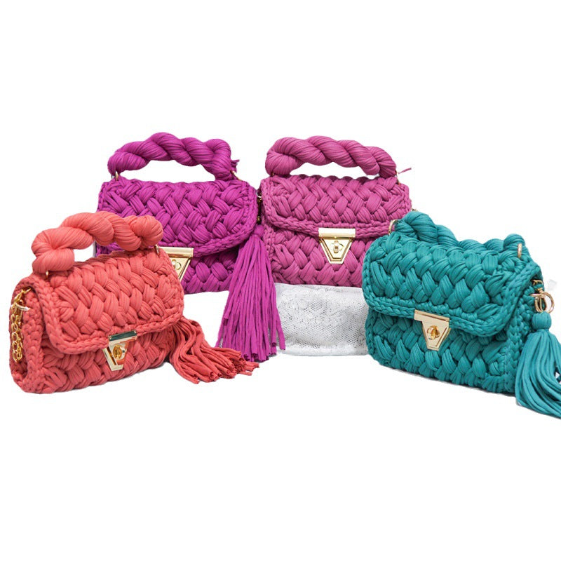 Contrast Color Handmade Finished Strip Thread Wool Bearded Bags