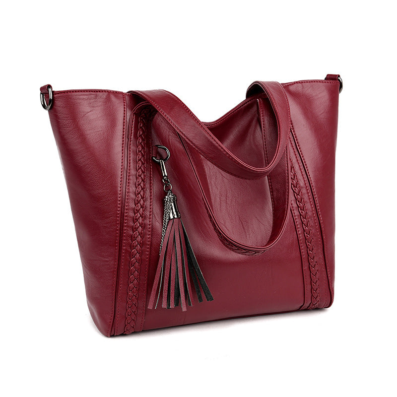 Women's Weave Large Capacity Tassel Soft Leather Commuter Tote Bag