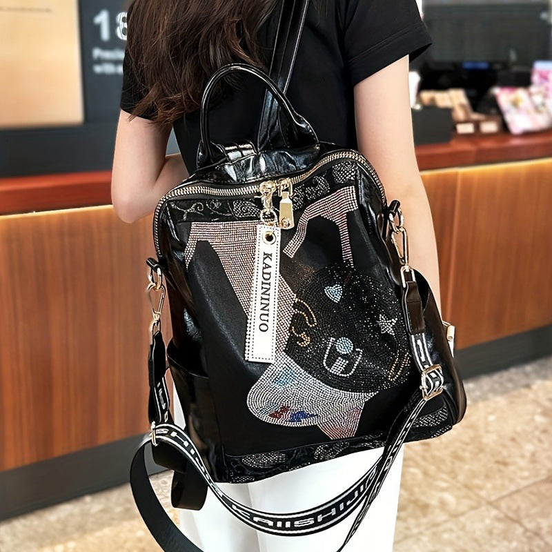 Fashion Versatile High-grade Leather Large Capacity Rhinestone Women's Backpack