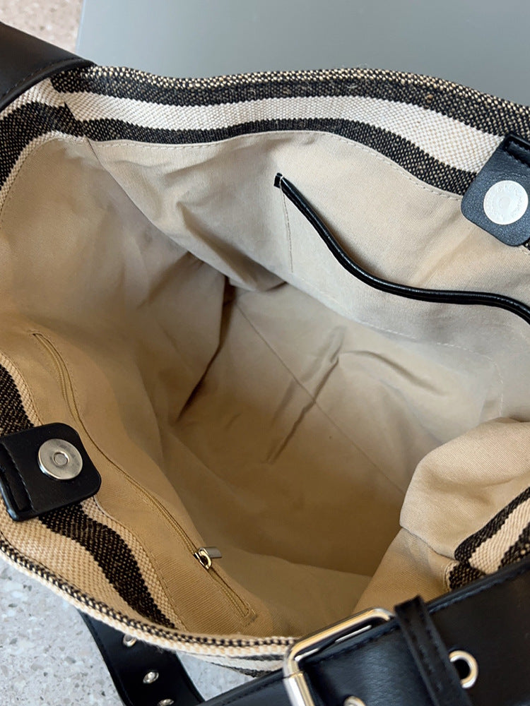 Women's Ge Black White Striped Canvas Large Capacity Bags