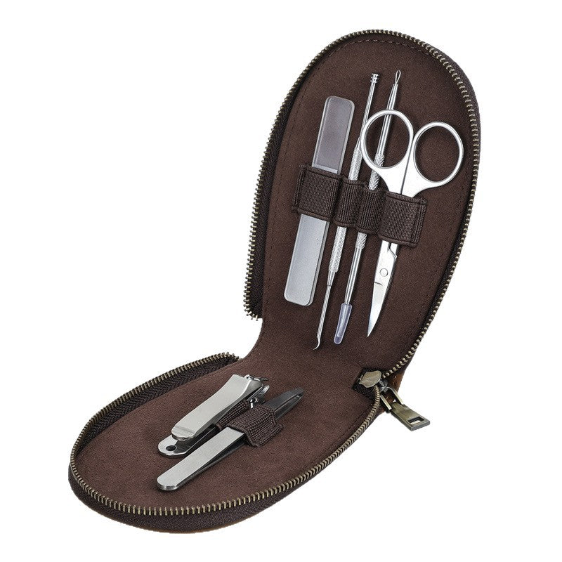 Men's Crazy Horse Leather Nail Clippers Suit Zipper Genuine Fingernail Maintenance Makeup Bag