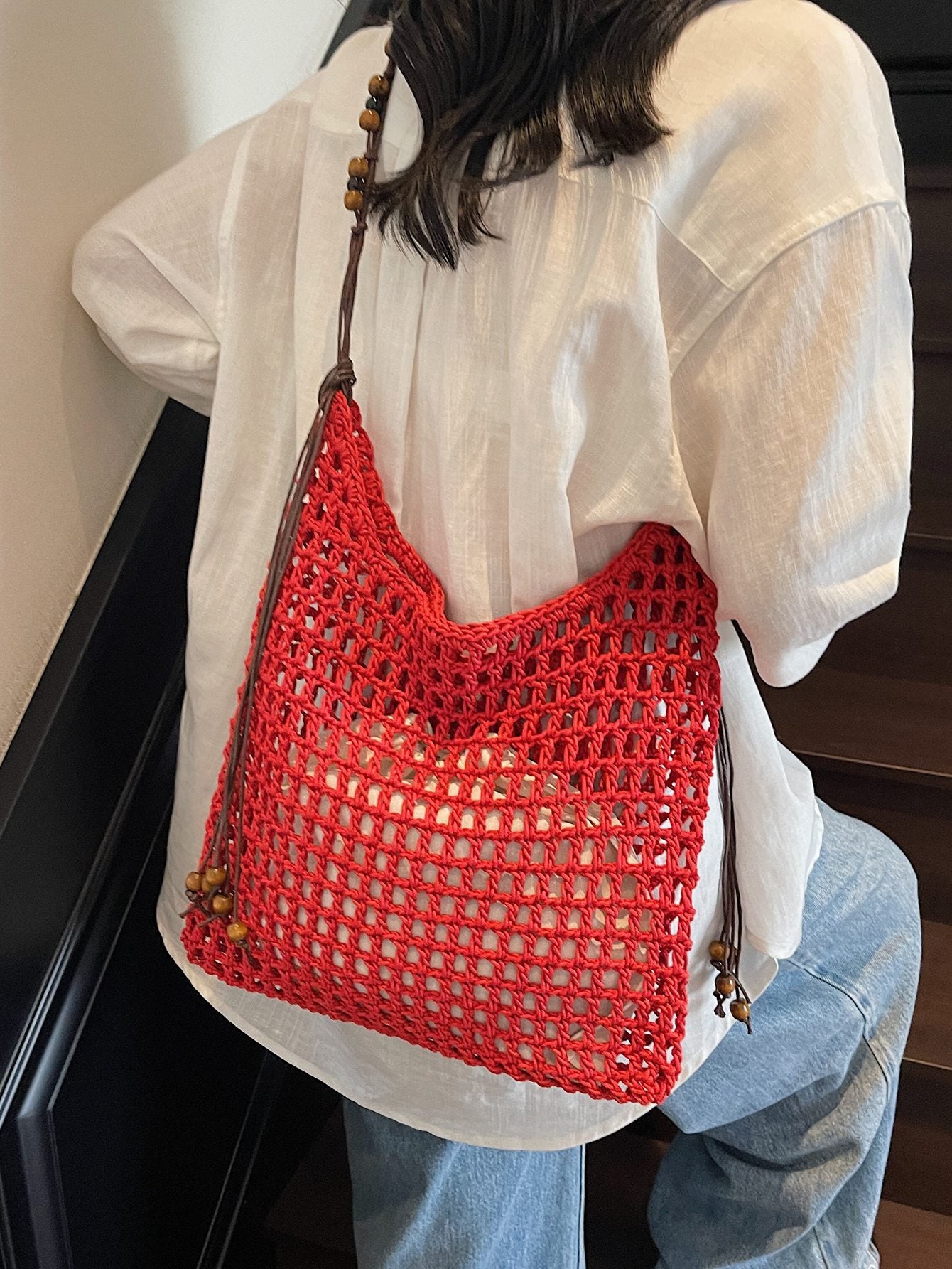 Summer Idle Style Hollow Straw Large Capacity Beaded Weave Bags