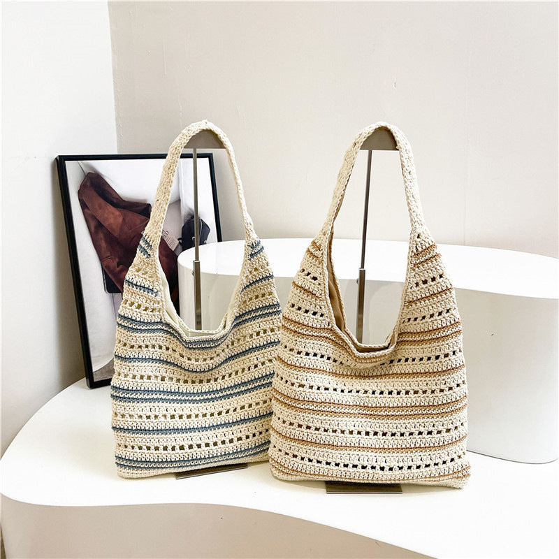 Women's Large Capacity Commuter Woven Summer Retro Hollow Knitted Loose Tote Bag