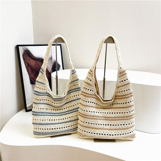 Women's Large Capacity Commuter Woven Summer Retro Hollow Knitted Loose Tote Bag
