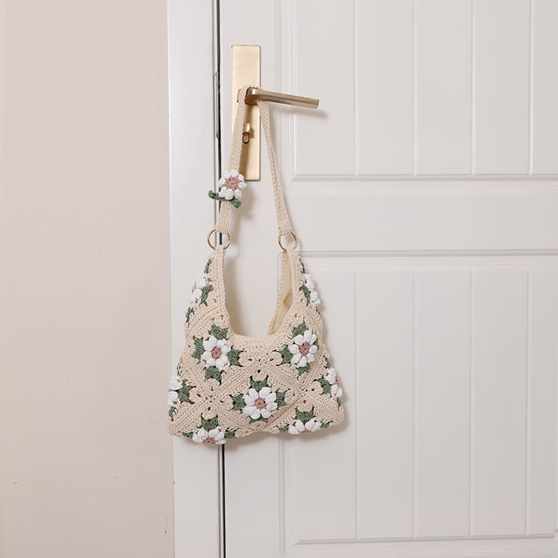 Straw Grandmother Grid Hollow Cotton Thread Woven Vacation Bags