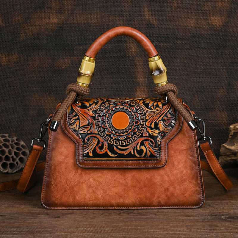 Women's Retro Artistic Style Underarm Bamboo Hemp Rope Hand-held Embossing Brush-off Bags