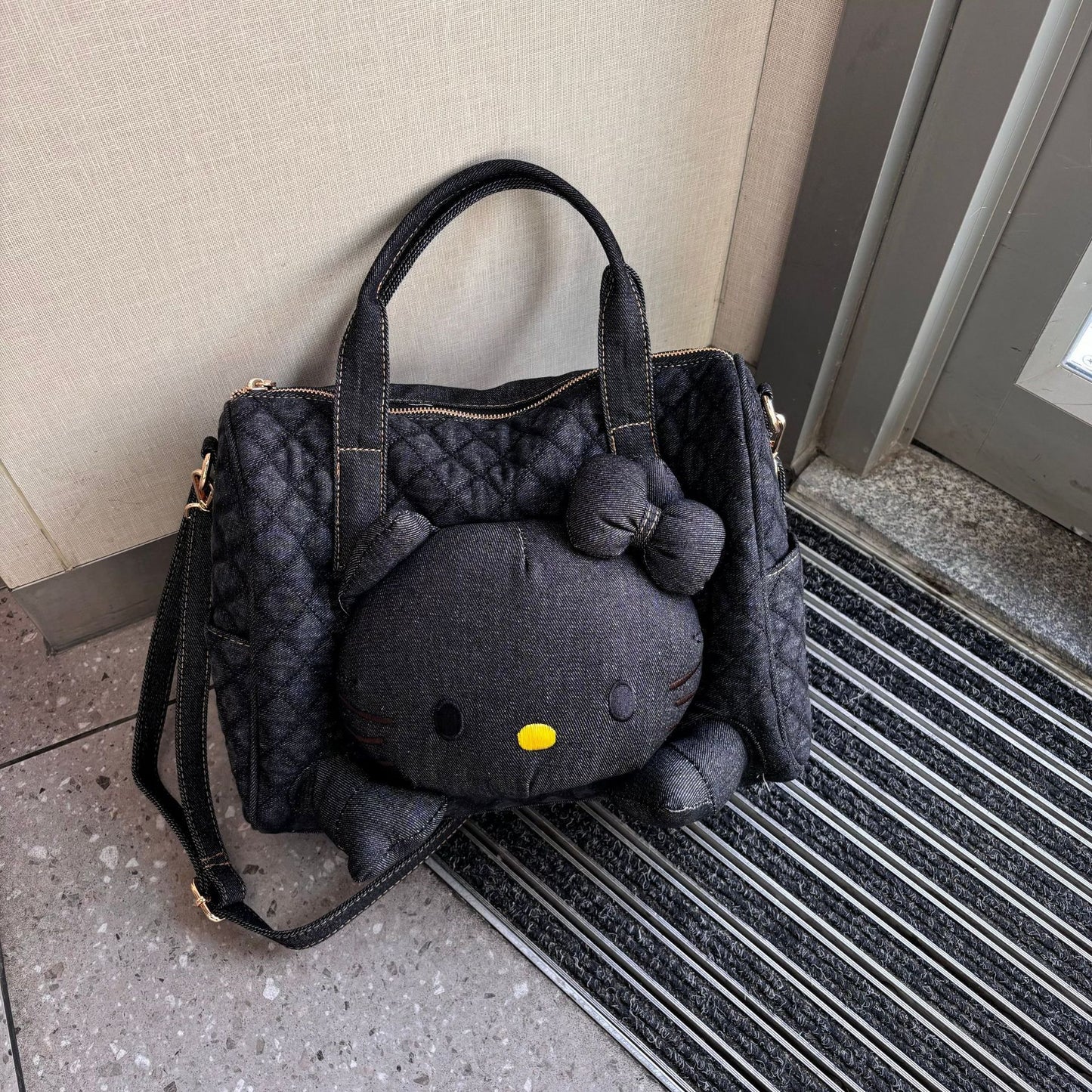 Style Black Leather Cat Rhombus Pillow Denim Personalized Doll Women's Shoulder Bag