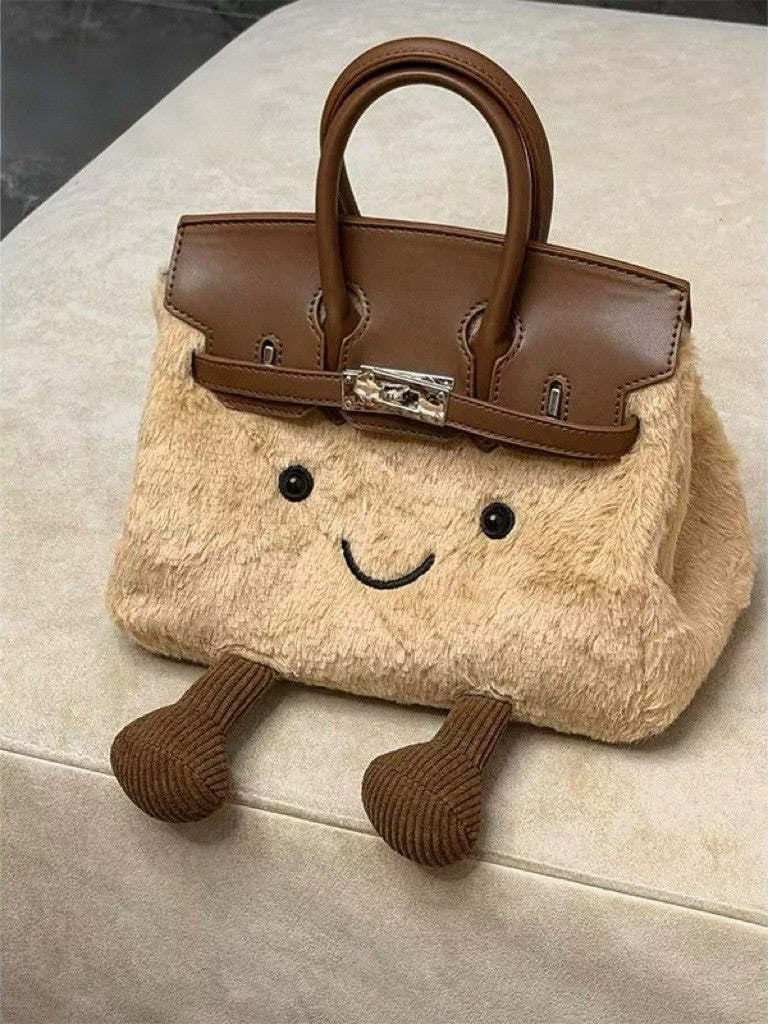 Cute Plush Doll Cartoon Furry Fashion Leather Patchwork Bucket Bag