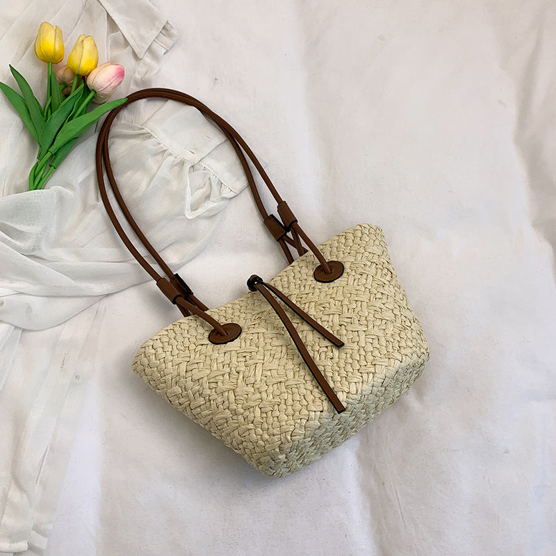 Women's Style Fashion Solid Color Woven Large Capacity Vacation Straw Vegetable Women's Shoulder Bag