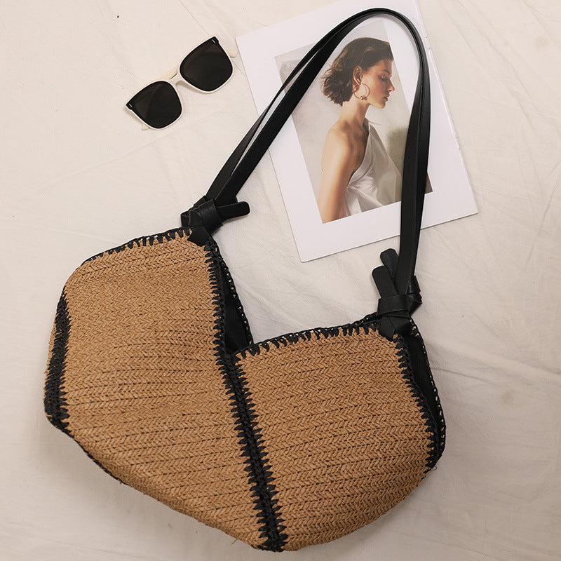 Fashion Black Edge Straw French Large Capacity Women's Shoulder Bag