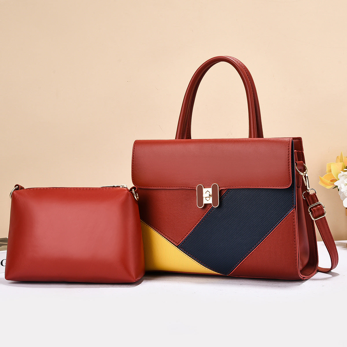 Women's High-grade Color Matching Texture Patchwork Western Style Handbags