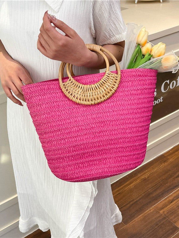 Women's Hand-woven Seaside Style Straw Large Capacity Round Portable Beach Tote Bag