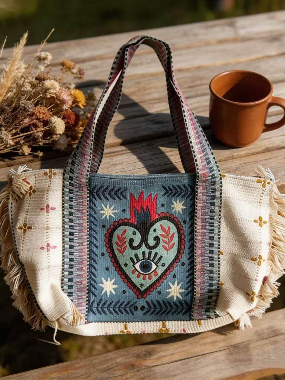 Women's Heart Embroidered Tassel Woven Commuter Large Tote Bags