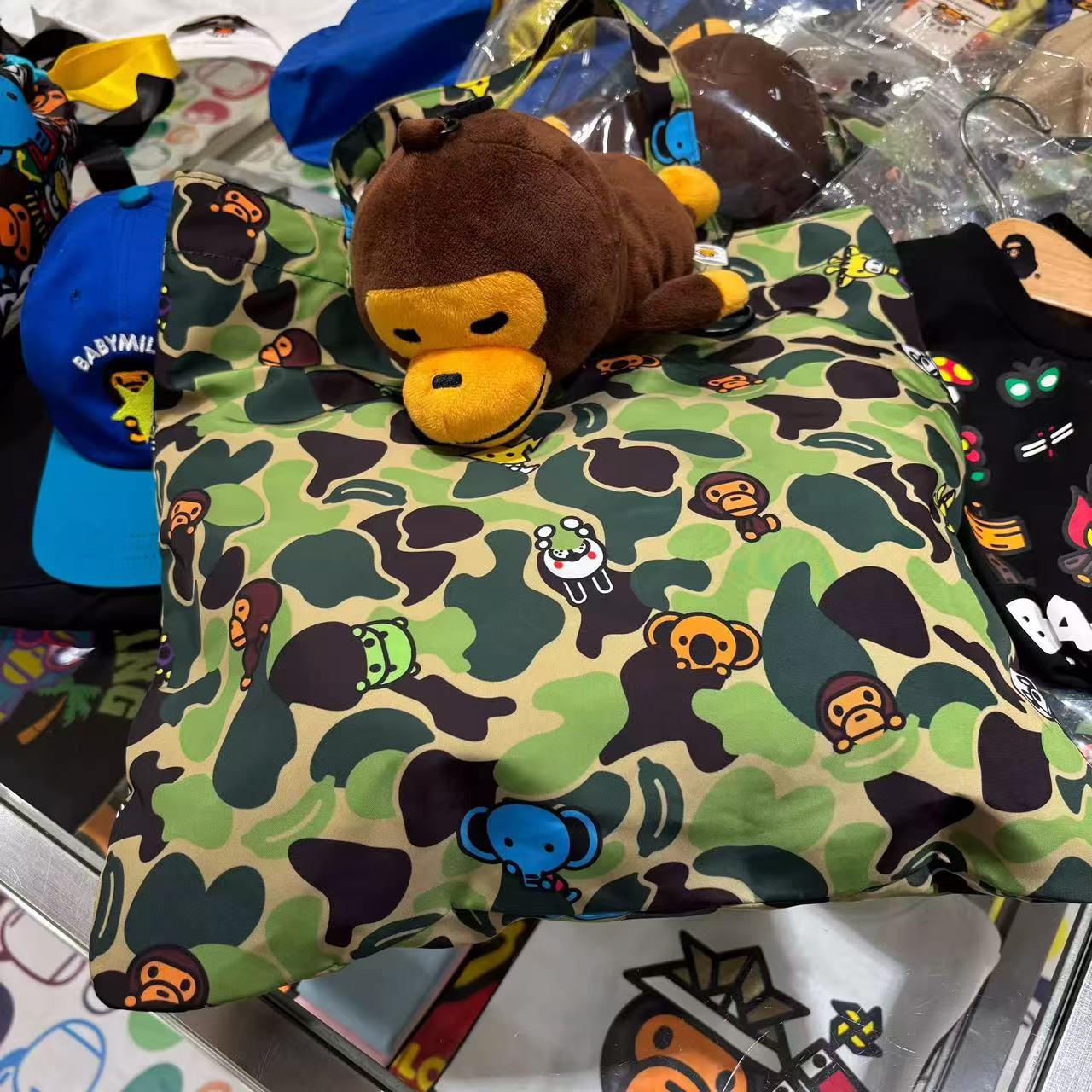 Classic Blue Green Camouflage Little Monkey Cartoon Doll Women's Handbag