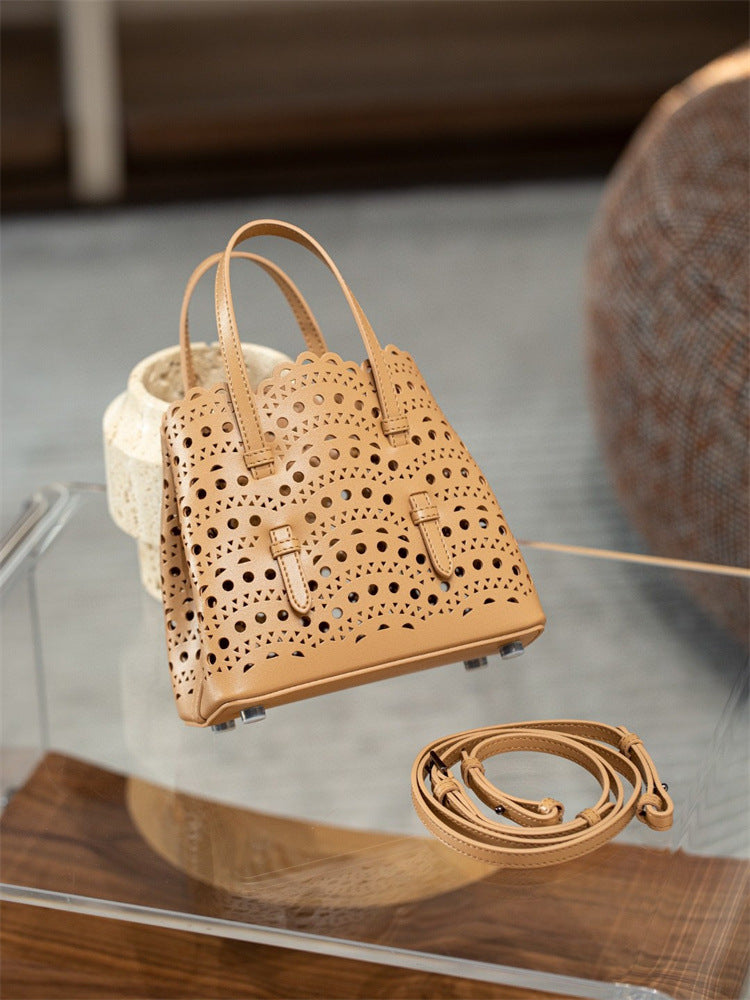 Women's Wave Hollow Carved Calfskin Vegetable Basket Fashion Son Women's Shoulder Bag