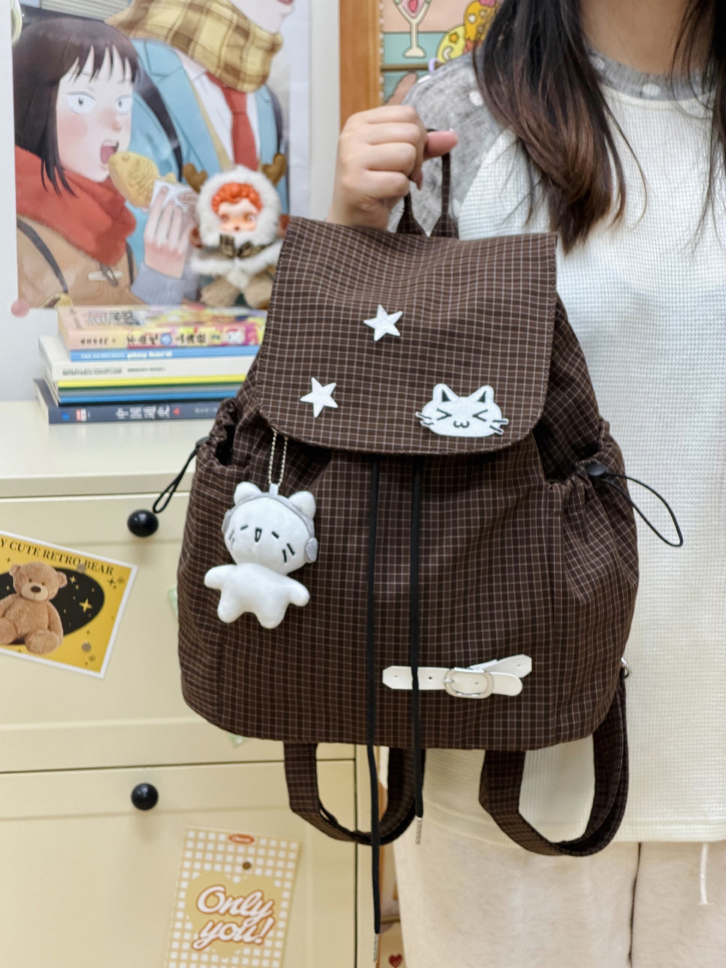 Women's Cute Cartoon Checked Junior High Lightweight Backpacks