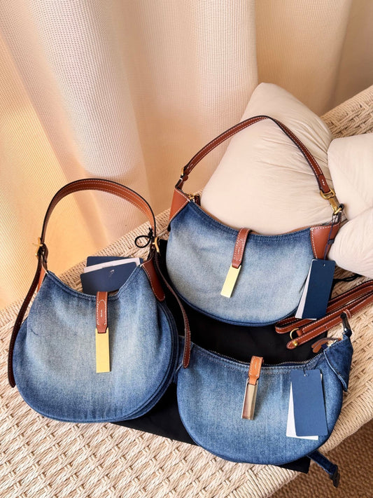 Retro Denim Classic Washed Design Moon Underarm Bag