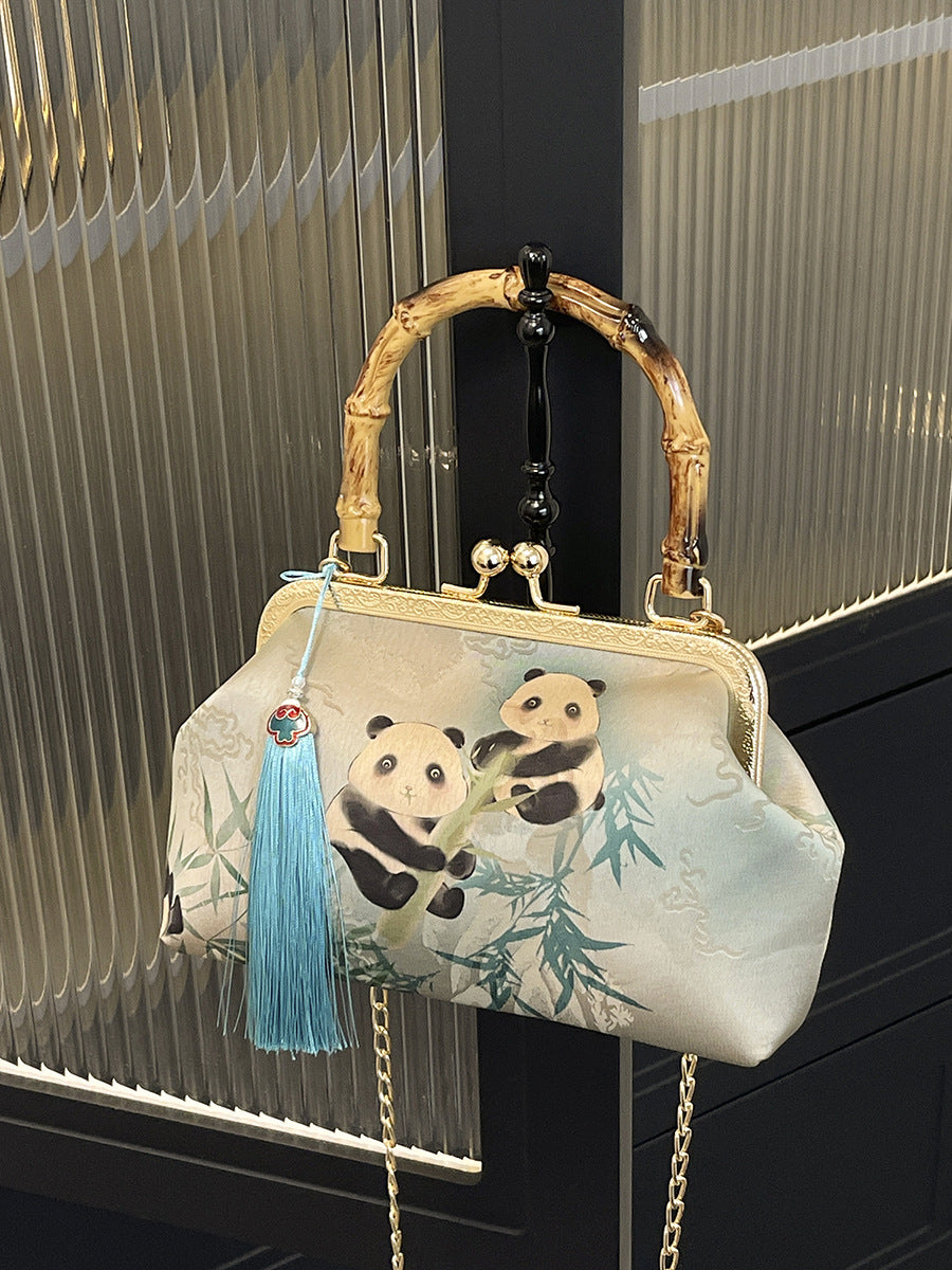 Panda Climbing Bamboo Wooden Fashion Tassel Women's Handbag