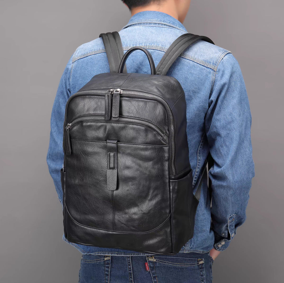 Men's Leather First Layer Cowhide Waterproof Computer Leisure Backpack