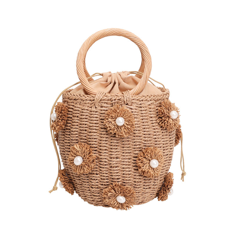 Women's Summer Straw Fresh Flower Pearl Decorative Portable Basket Women's Handbag