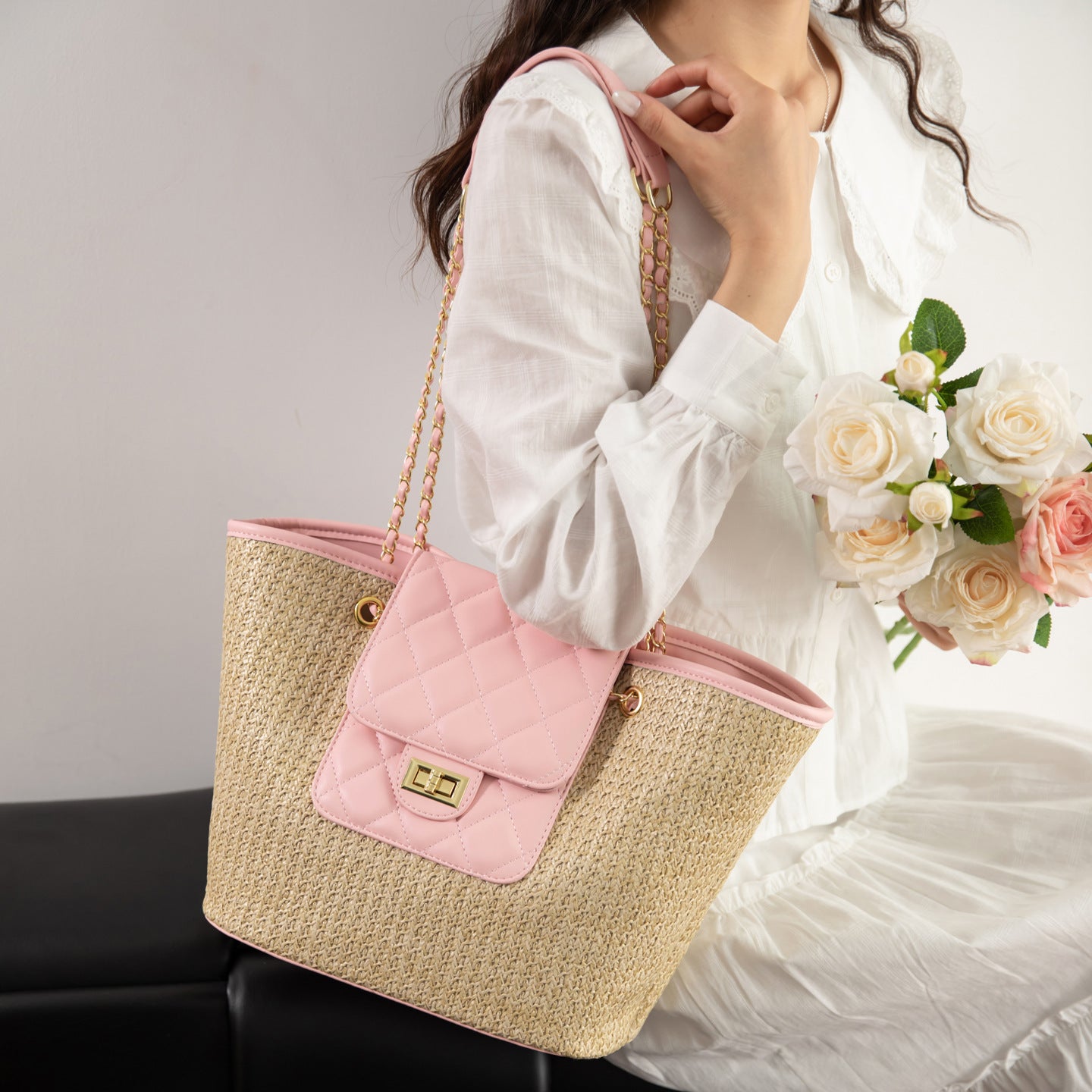 Classic Style Chain Straw Woven Trendy Fashion Tote Bag