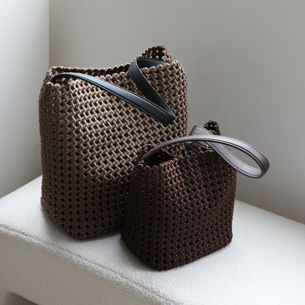 Women's Design Woven Cowhide Big Large Capacity Totes Portable Bucket Bag