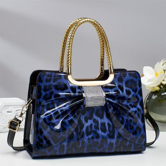 Women's Leather Glossy Portable Rhinestone Fashion Temperament Leopard Women's Handbag