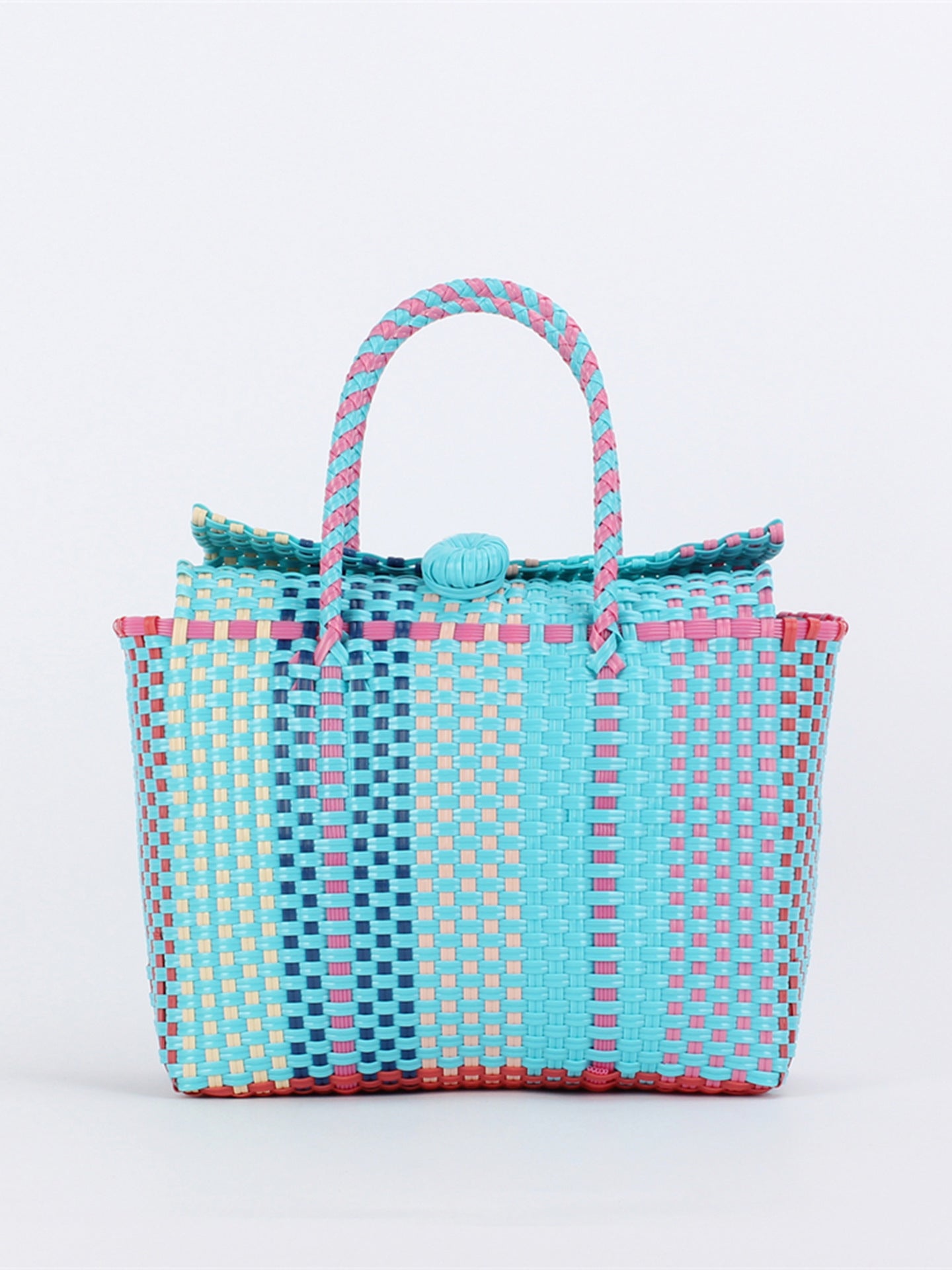 Women's Fresh Contrast Color Hand-woven Plastic Basket Beach Vacation Picnic Hand Bags