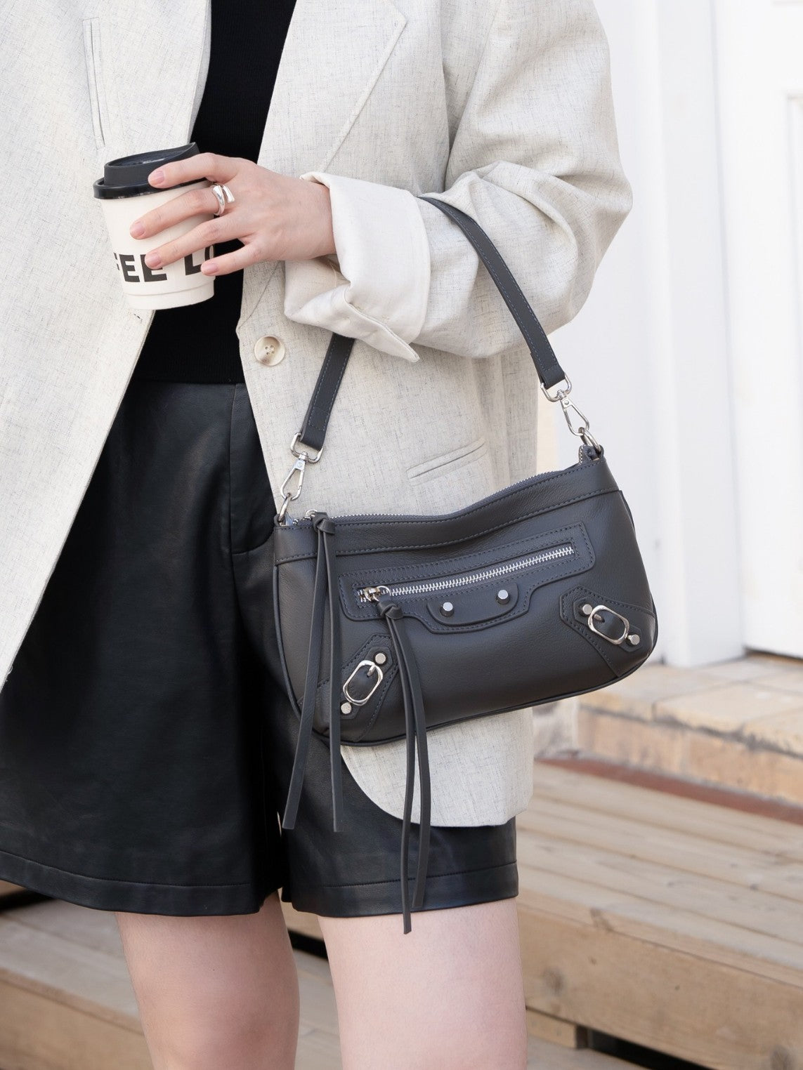 Women's Cowhide Motorcycle Underarm Retro Studded Women's Shoulder Bag