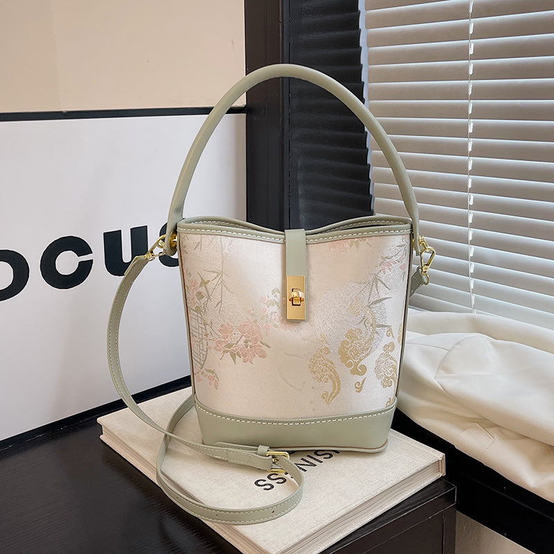 Women's Material Homemade National Style Contrast Color Hand Holding Bucket Bag